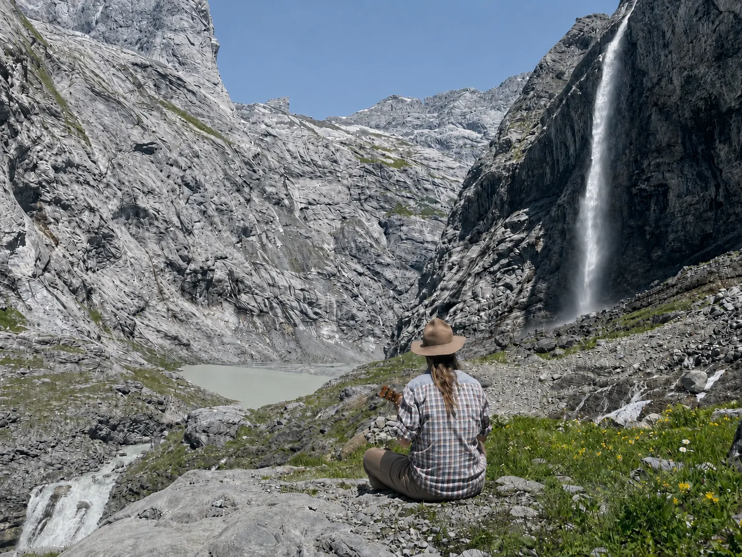 Berglandschaft mit Wasserfall als Symbol für Ruhe, Kraft und Ankommen